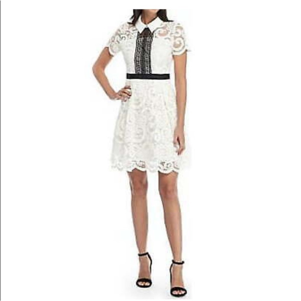 Nanette Lepore White/Black Lace Overlay Dress, Fit & Flare, 6, Bridal Shower